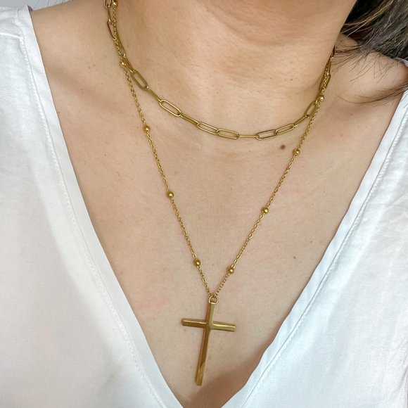 Big Cross Pendant Gold Necklace 2 Layer Necklace Gold Cross Necklace Lay… - Picture 3 of 11